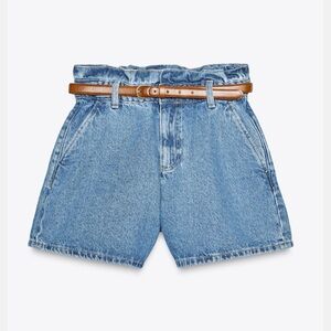 Zara High Waisted Paperbag Denim Shorts with Brown Belt
